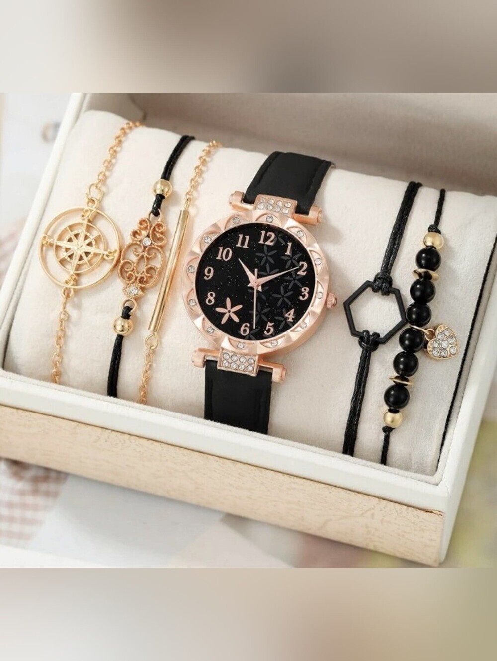 Black and Rose Gold Women's Watch and Bracelet Set